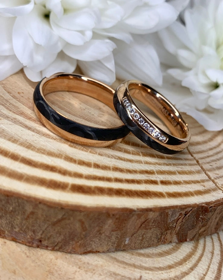 Black Carbon & Rose Gold Diamond Strip Wedding Band