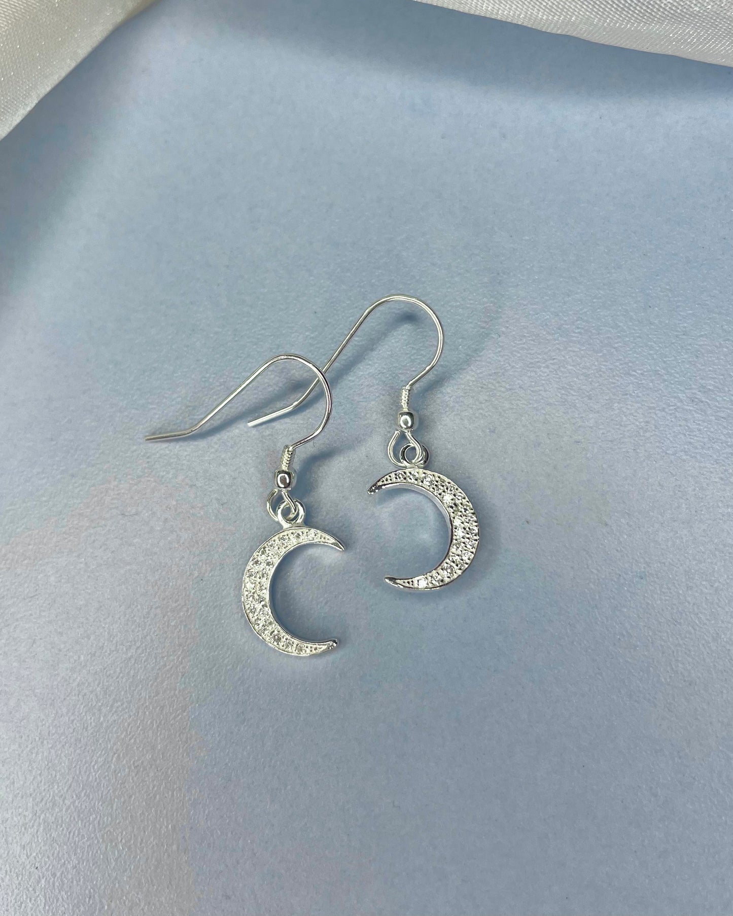 Sterling Silver Moon CZ Shepard Hook Earrings