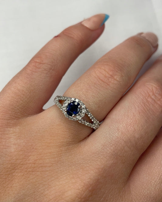 Split Shank Halo Sapphire Ring