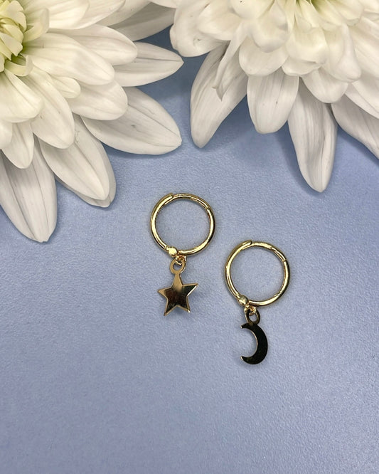 9ct Yellow Gold Hoop with Drop Moon&Star Earrings
