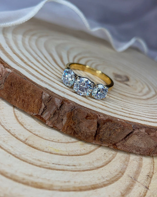 Three Stone Lab Grown Diamond Yellow Gold Engagement Ring