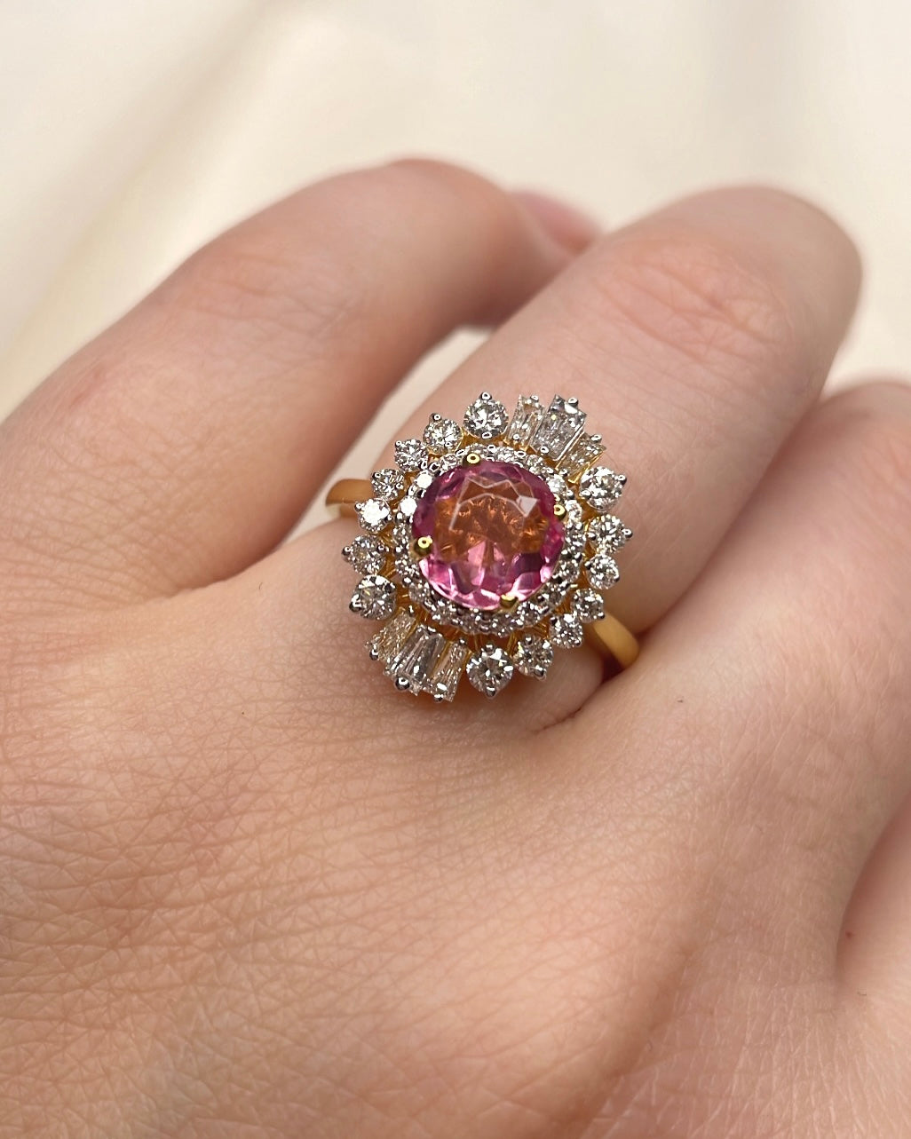 18ct Yellow Gold Vintage Pink Tourmaline Lab Diamond Ring