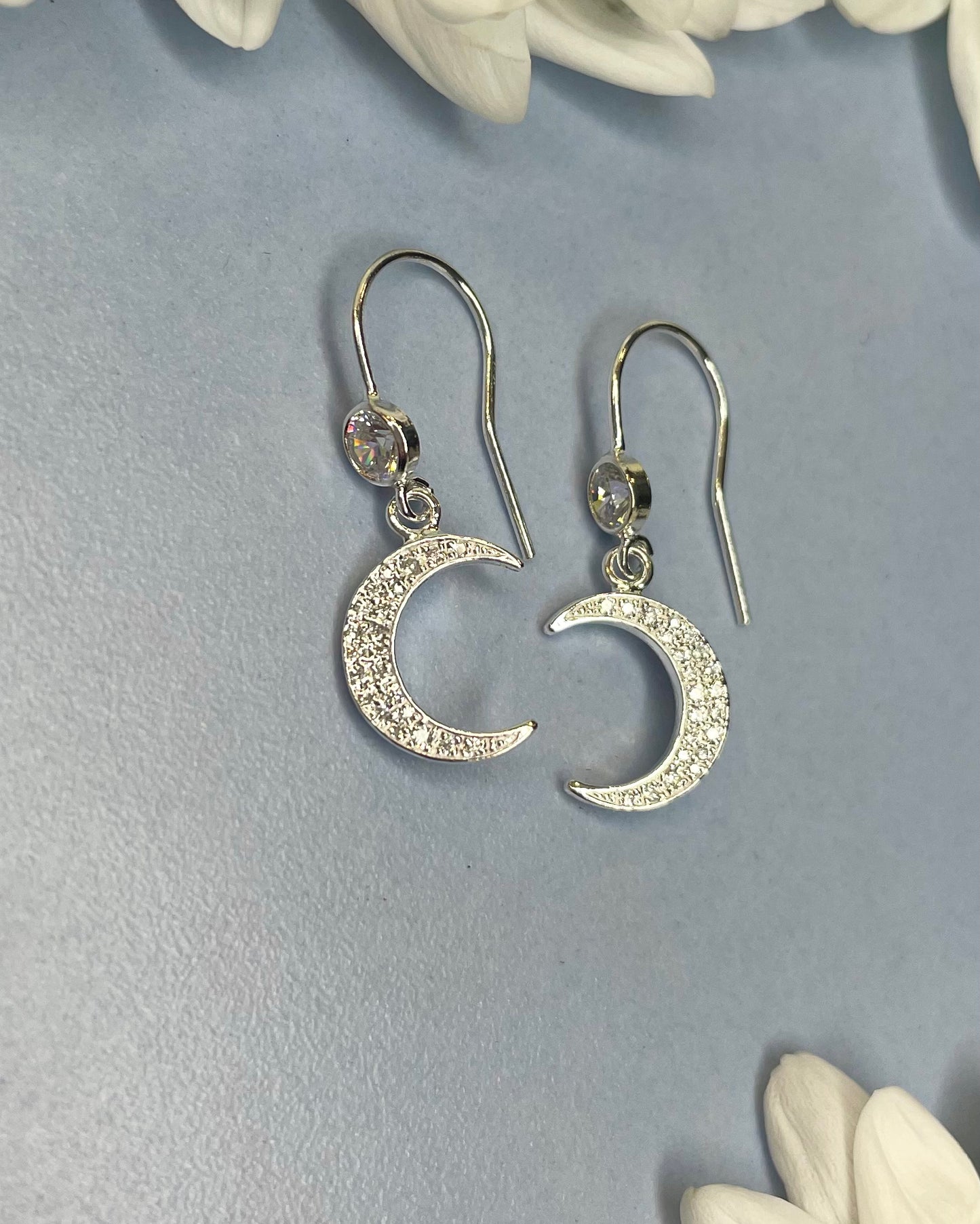 Sterling Silver Moon CZ Drop Shepard Hook Earrings