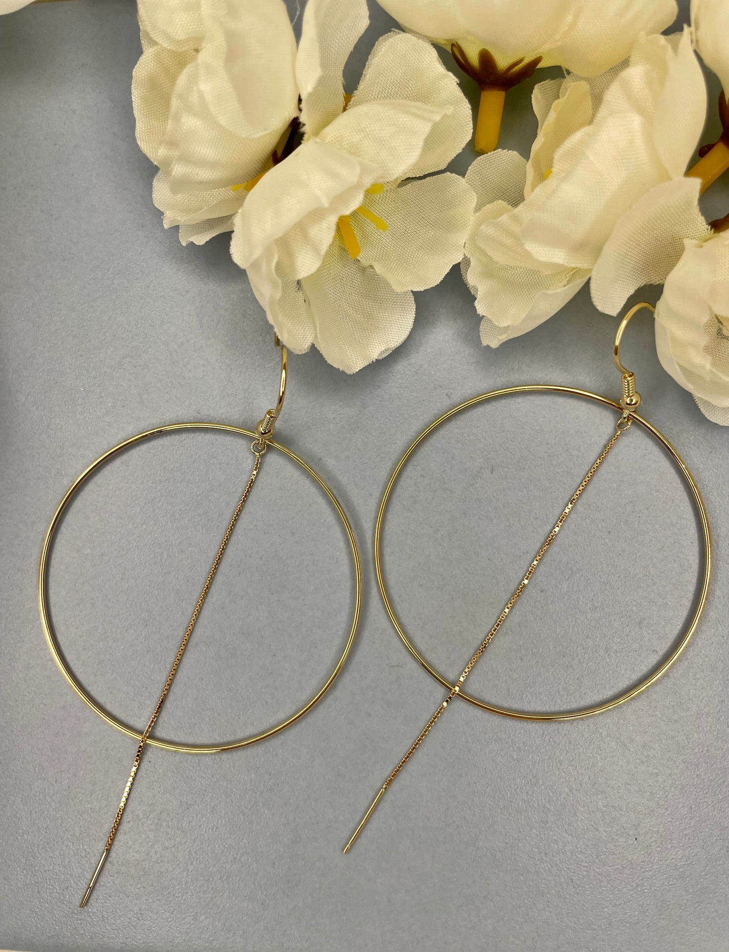 9k Gold Hoop Earrings with drop chain detail